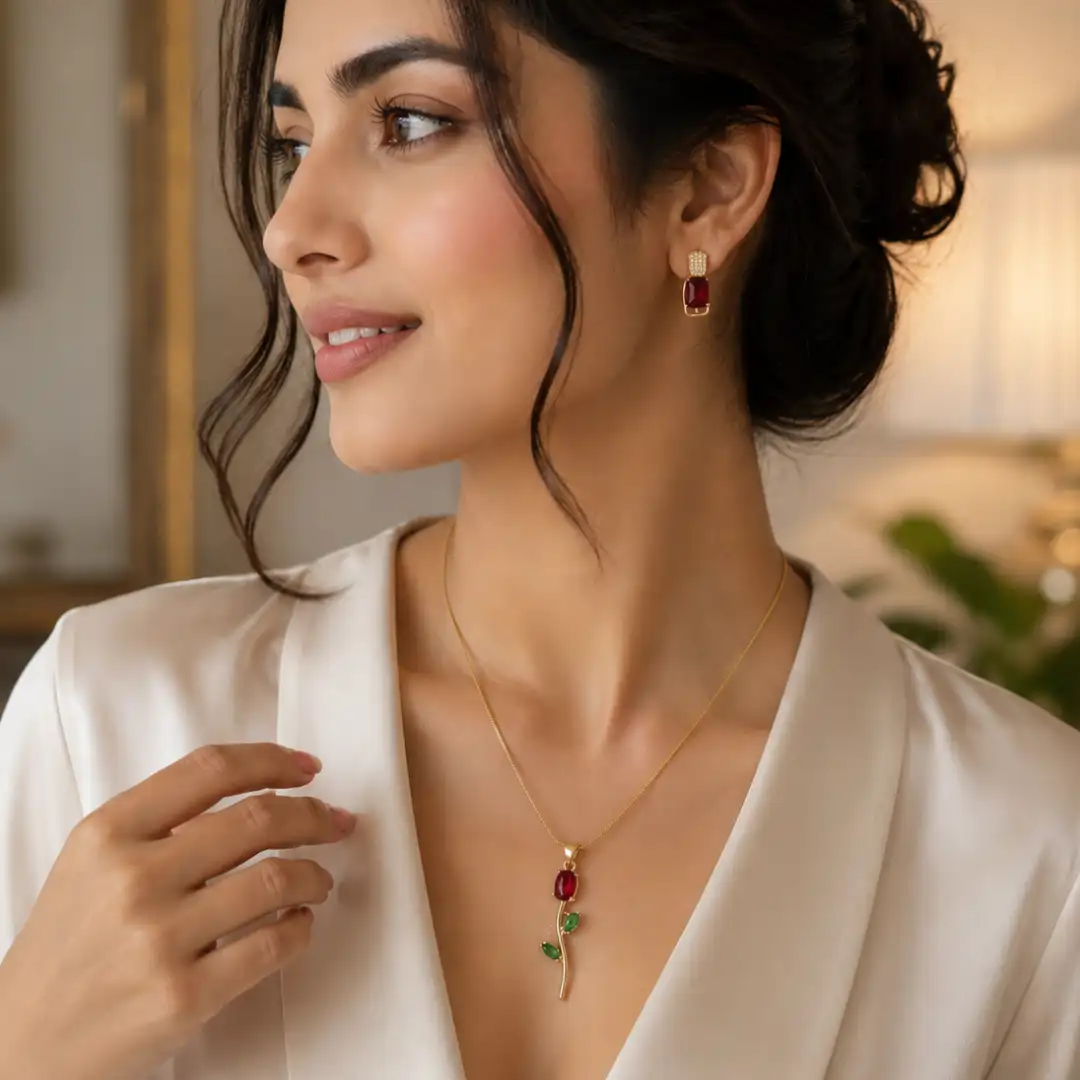 Korean-Inspired Rose Design Pendant Set with Stud Earrings | Anti-Tarnish Jewellery Set