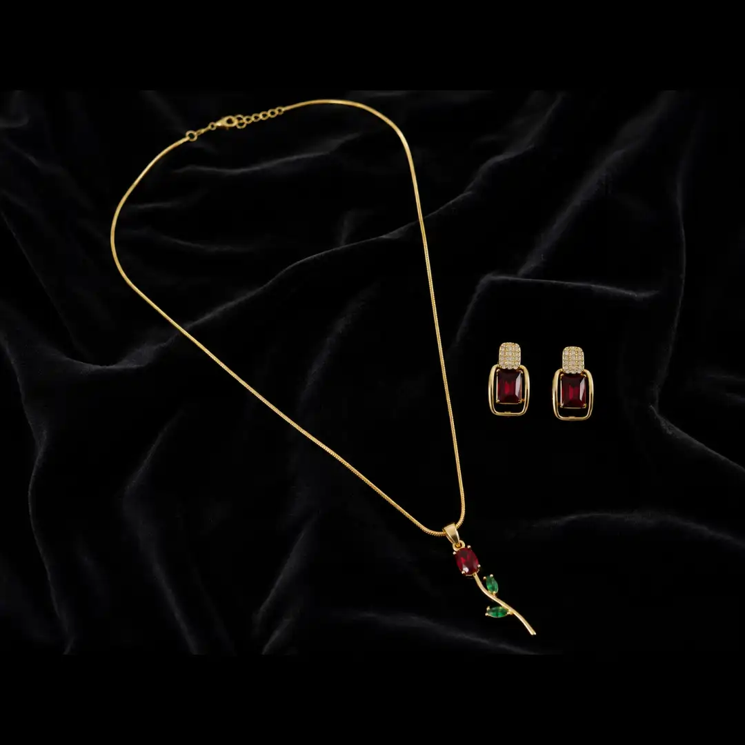Korean-Inspired Rose Design Pendant Set with Stud Earrings | Anti-Tarnish Jewellery Set - Image 2