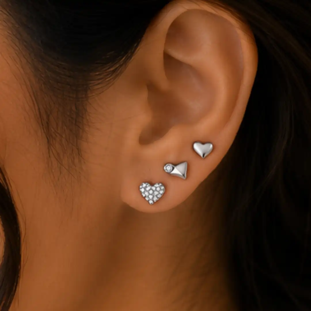 Heart-Shaped 3-Piece Silver Korean Anti-Tarnish Stud Earrings Combo - Image 3